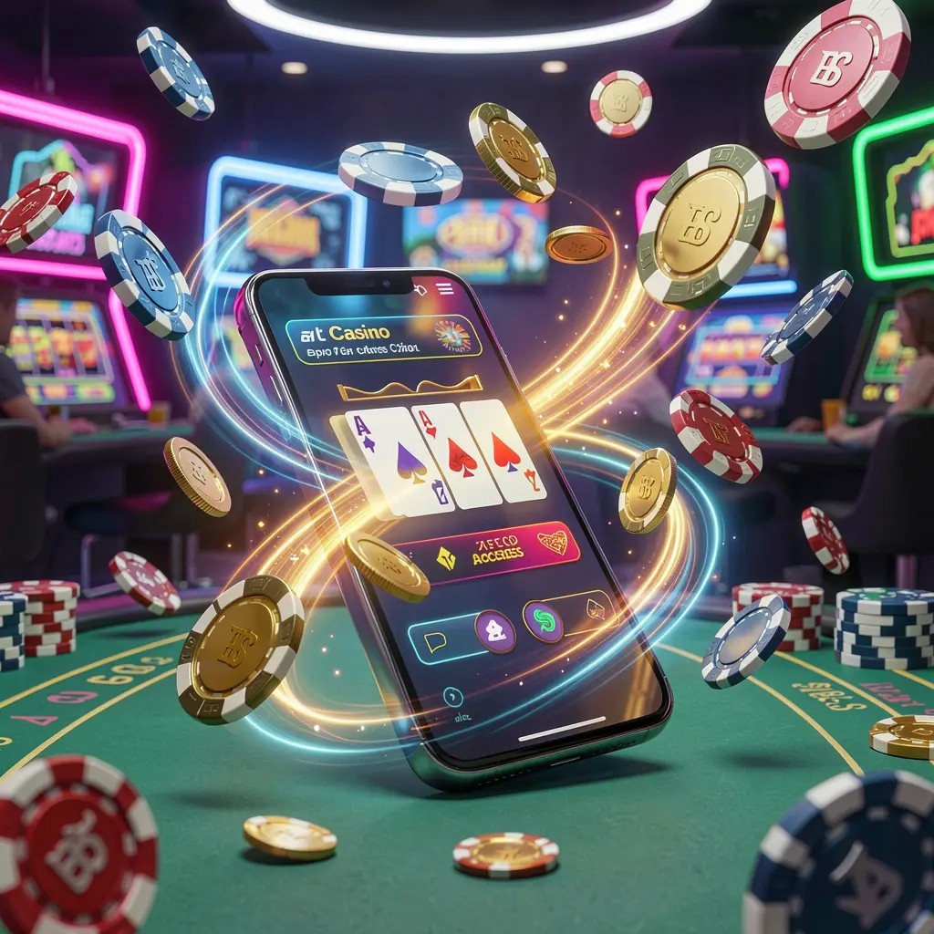 Smartphone displaying the QQ TK fast casino app with dynamic speed light trails, flying coins and chips against a modern neon casino background in a vibrant 3D render