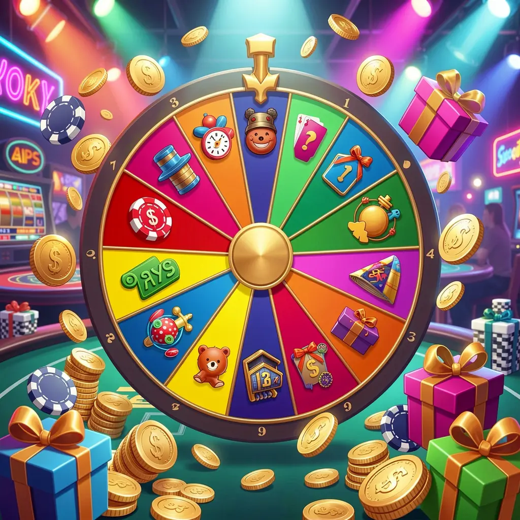 QQ TK casino bonus wheel with colorful prize sections surrounded by golden coins, chips, and gift boxes under bright neon casino lights in a dynamic composition