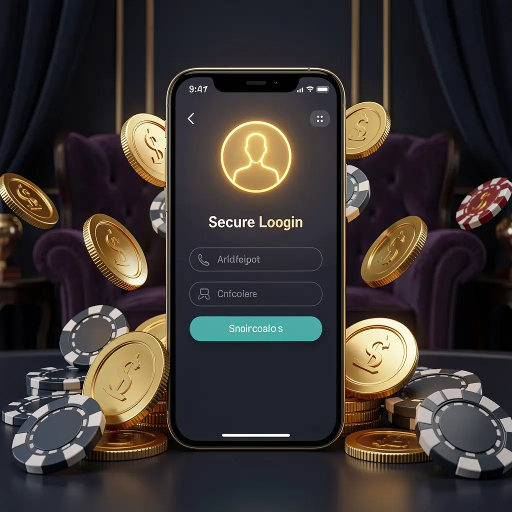 QQ TK online casino login page hero banner showing a modern smartphone with a secure login screen, glowing user profile icon, golden coins and poker chips surrounding it against a dark luxury background
