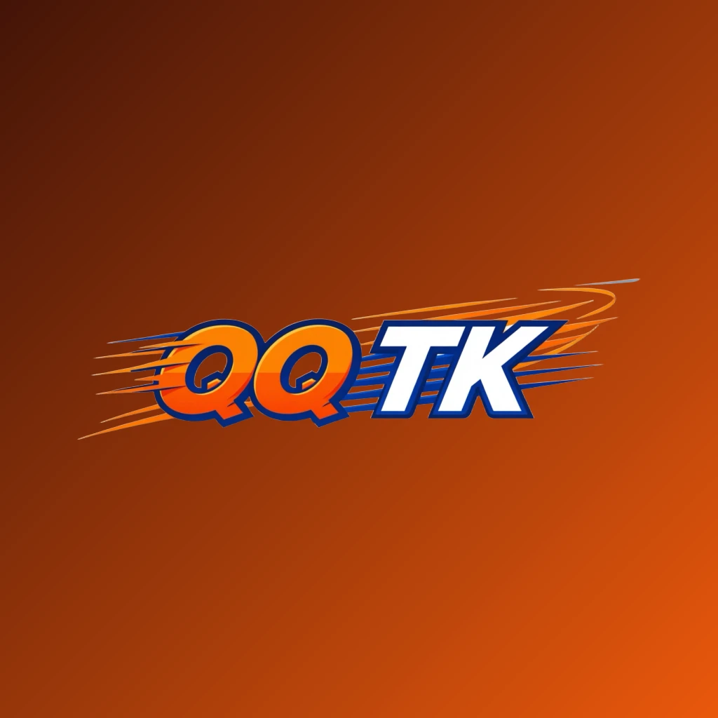 Powerful sports logo for QQ TK featuring bold italic lettering in bright orange, blue, and white colors with speed lines and energetic motion effects on a transparent background, designed as a wide horizontal rectangular wordmark for a website header.