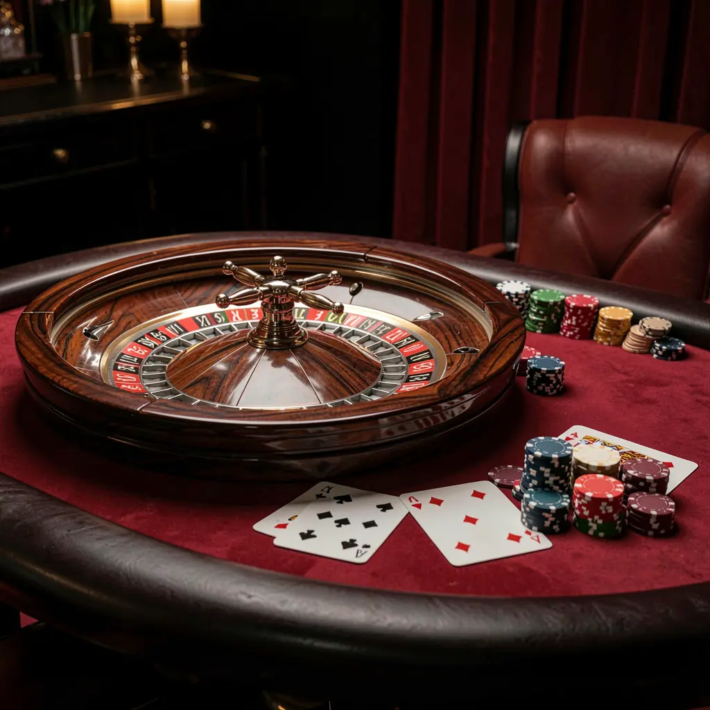Elegant online casino gaming table featuring roulette, blackjack cards, poker chips, and coins with luxury cinematic lighting on a black and red background, showcasing QQ TK's responsible gaming platform